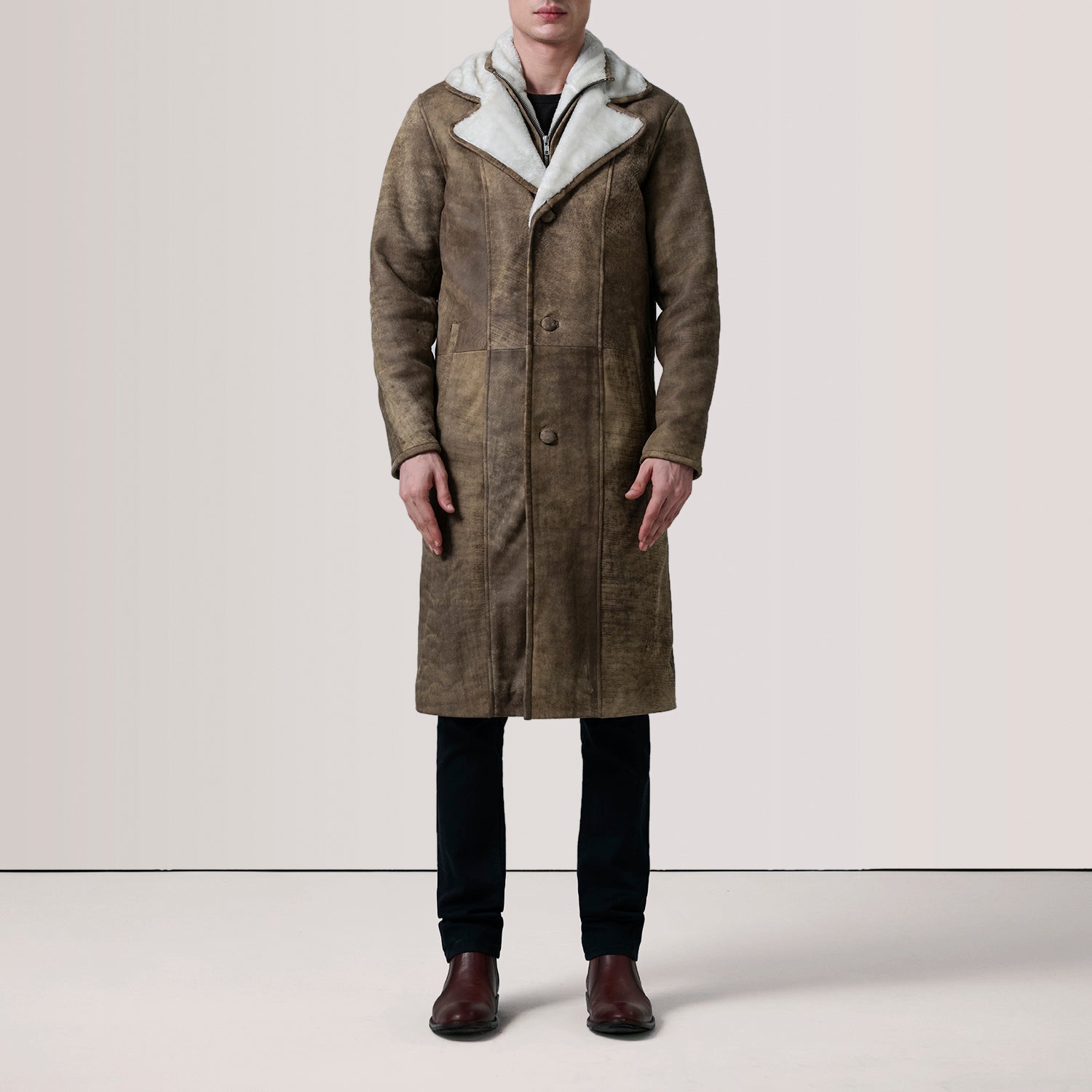 Cai Distressed Brown Leather Shearling Coat by Dash Racegear - men Jacket view 2
