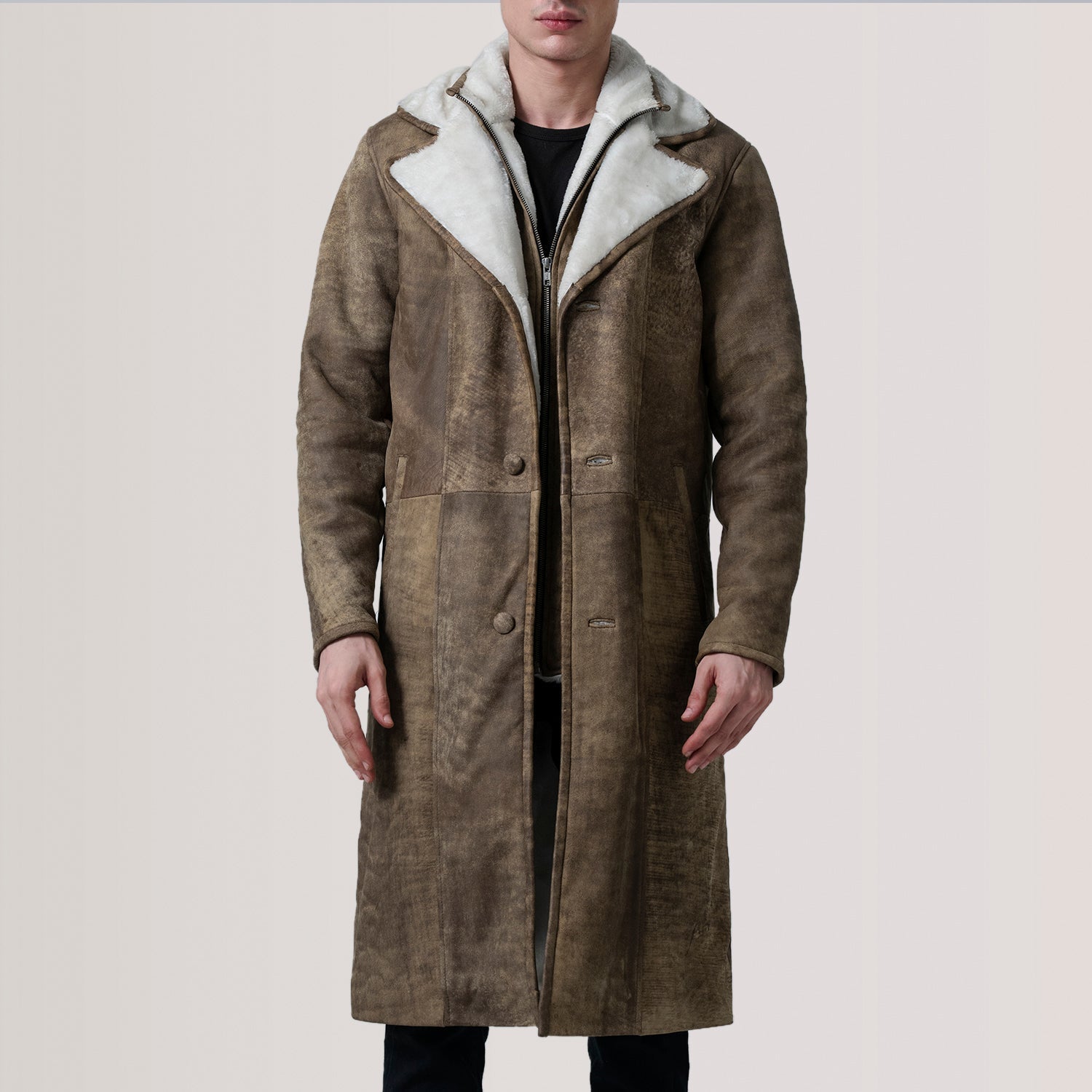 Cai Distressed Brown Leather Shearling Coat by Dash Racegear - men Jacket view 5