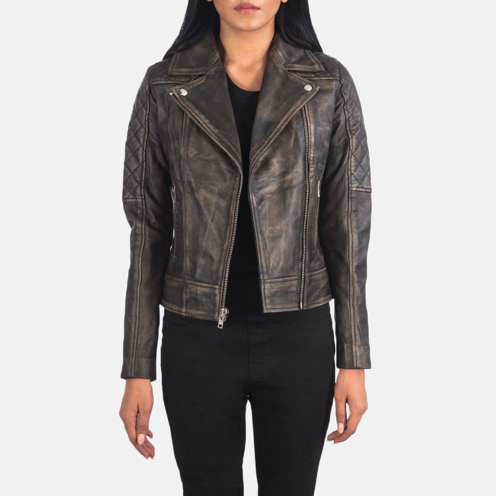 Carolyn Quilted Distressed Brown Biker Jacket by Dash Racegear - women Jacket view 1