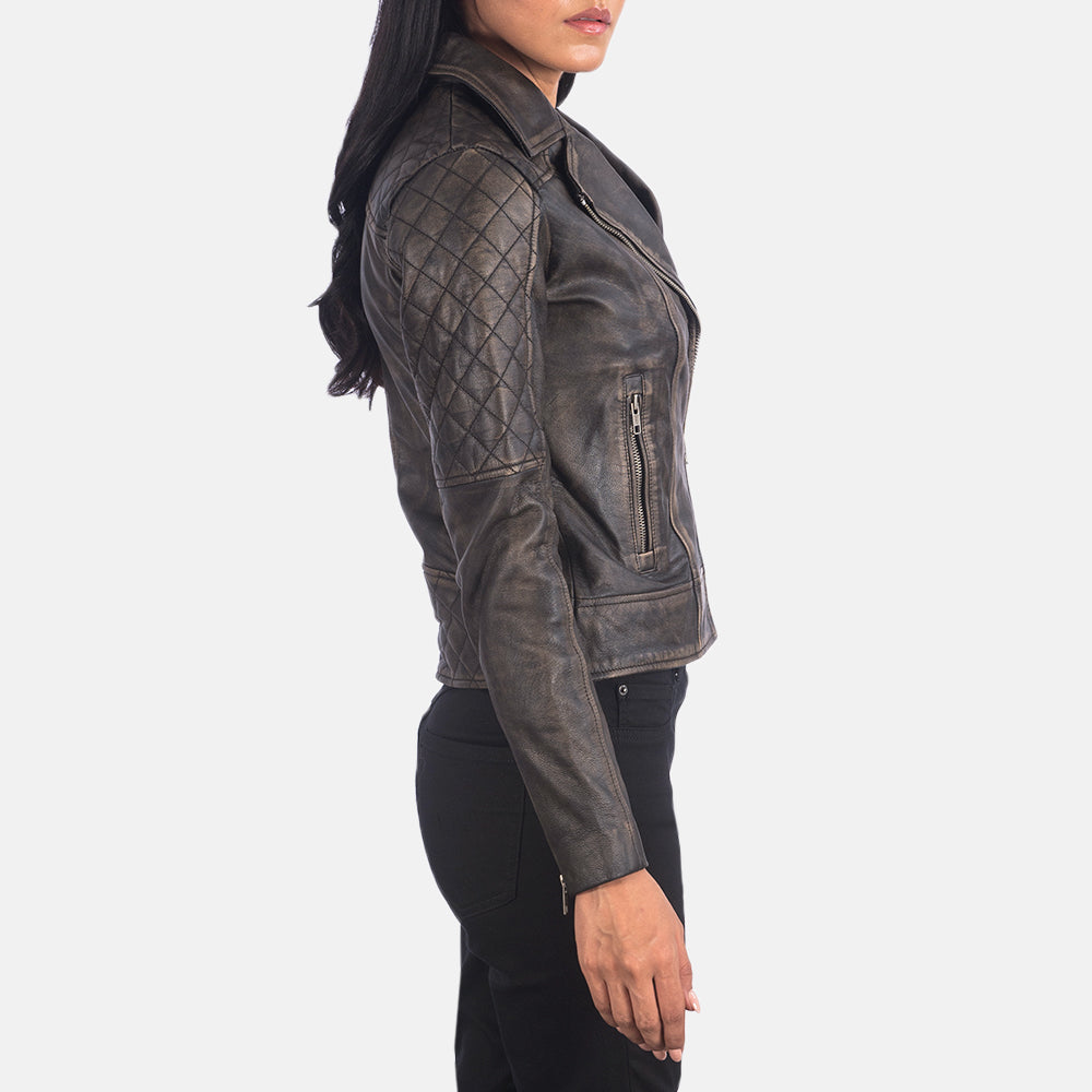 Carolyn Quilted Distressed Brown Biker Jacket by Dash Racegear - women Jacket view 2