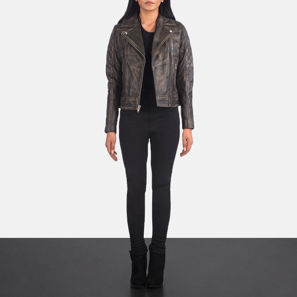 Carolyn Quilted Distressed Brown Biker Jacket by Dash Racegear - women Jacket view 3