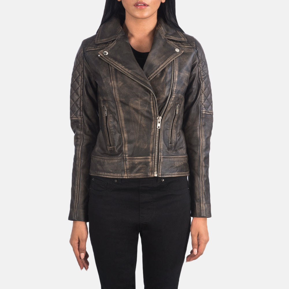 Carolyn Quilted Distressed Brown Biker Jacket by Dash Racegear - women Jacket view 4