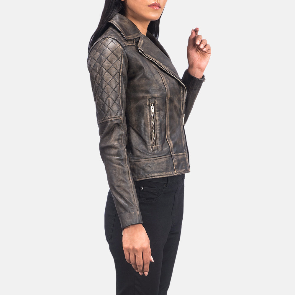 Carolyn Quilted Distressed Brown Biker Jacket by Dash Racegear - women Jacket view 6