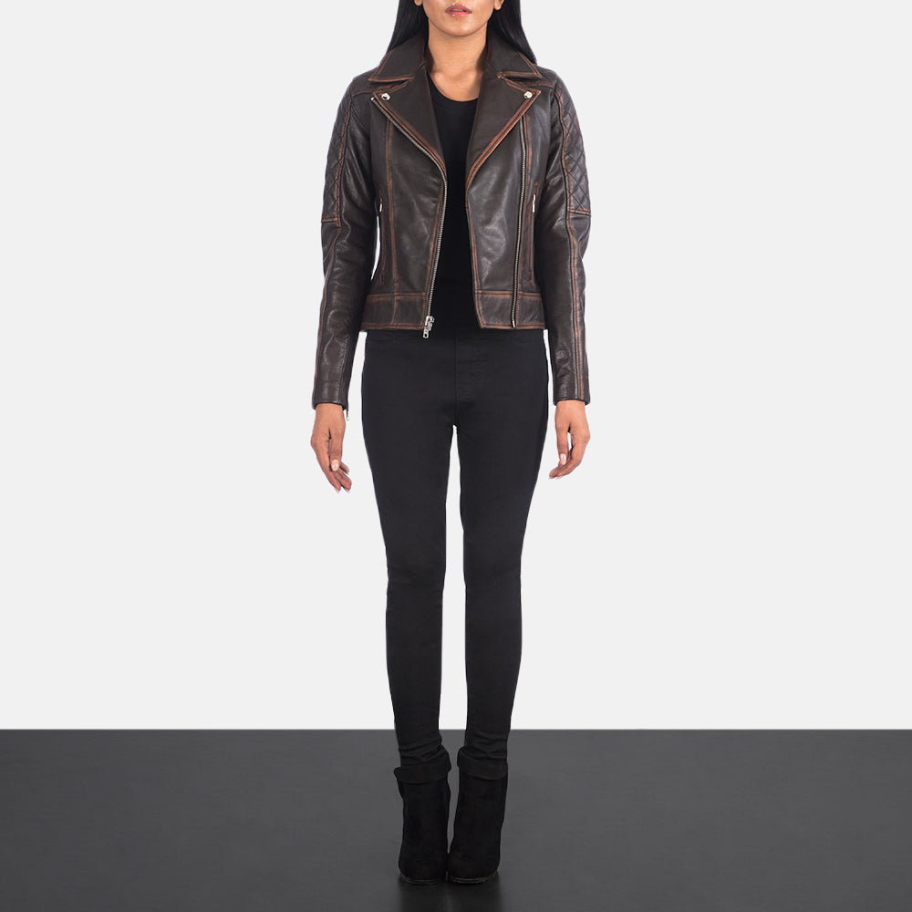 Carolyn Quilted Vintage Brown Biker Jacket by Dash Racegear - women Jacket view 3
