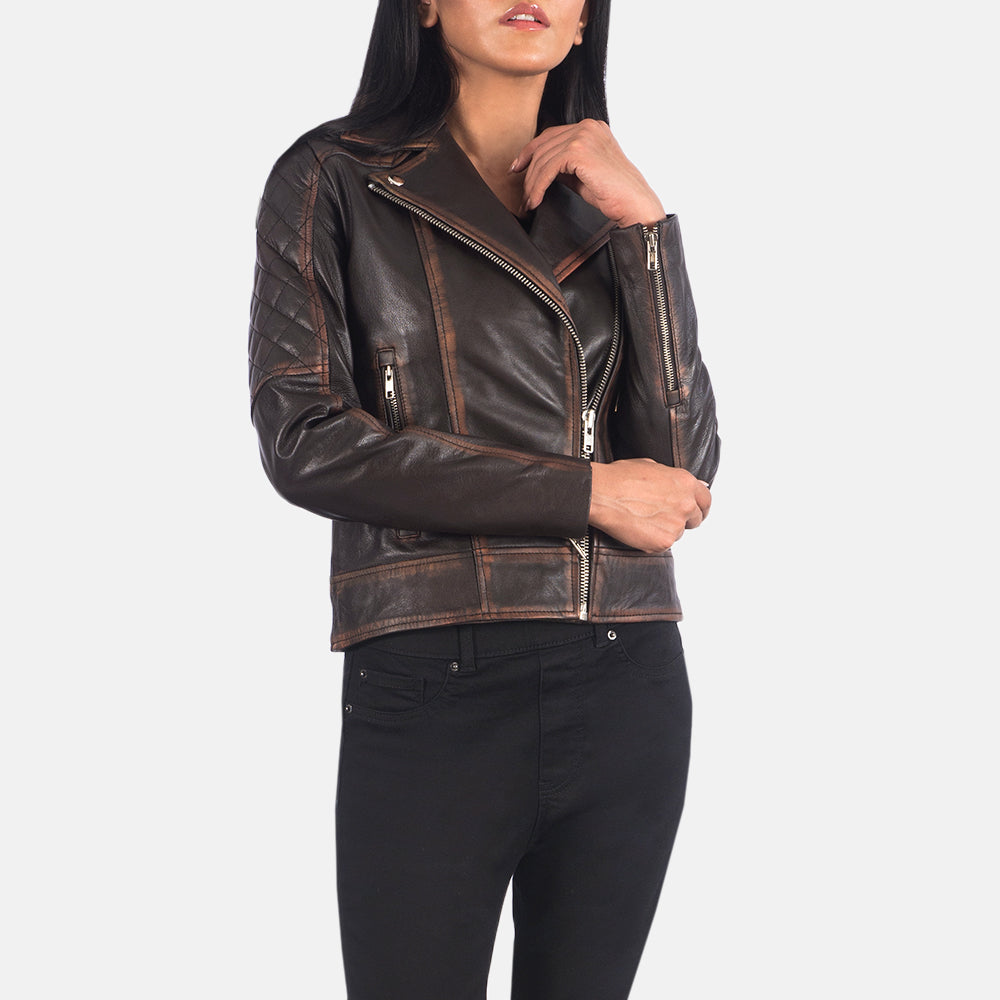 Carolyn Quilted Vintage Brown Biker Jacket by Dash Racegear - women Jacket view 4
