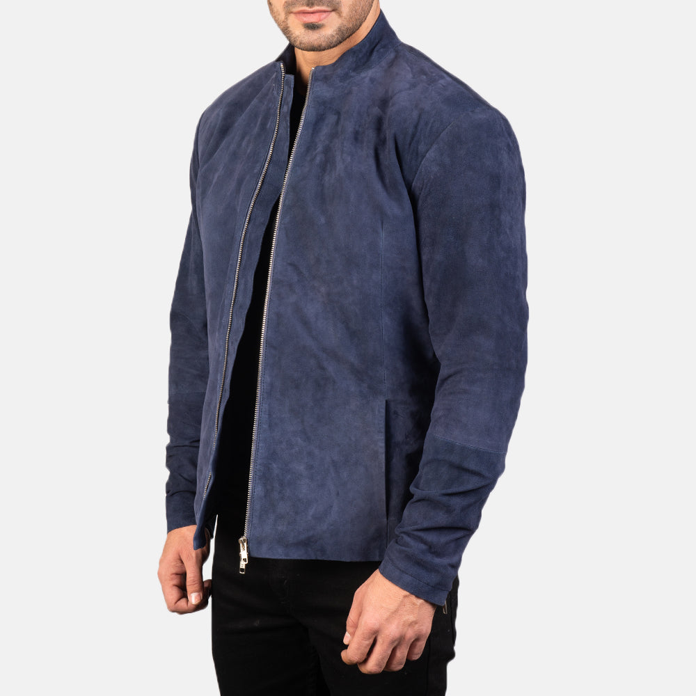 Charcoal Navy Blue Suede Biker Jacket by Dash Racegear - men Jacket view 2