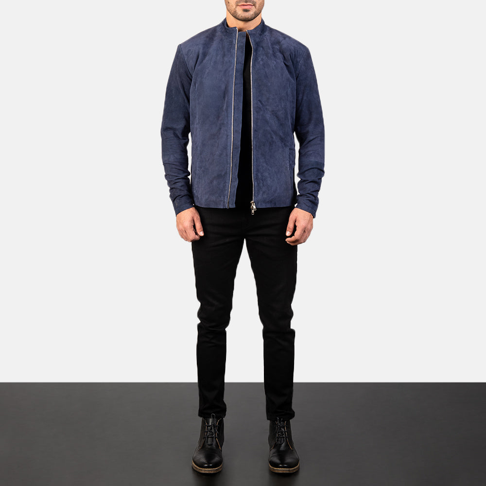 Charcoal Navy Blue Suede Biker Jacket by Dash Racegear - men Jacket view 3