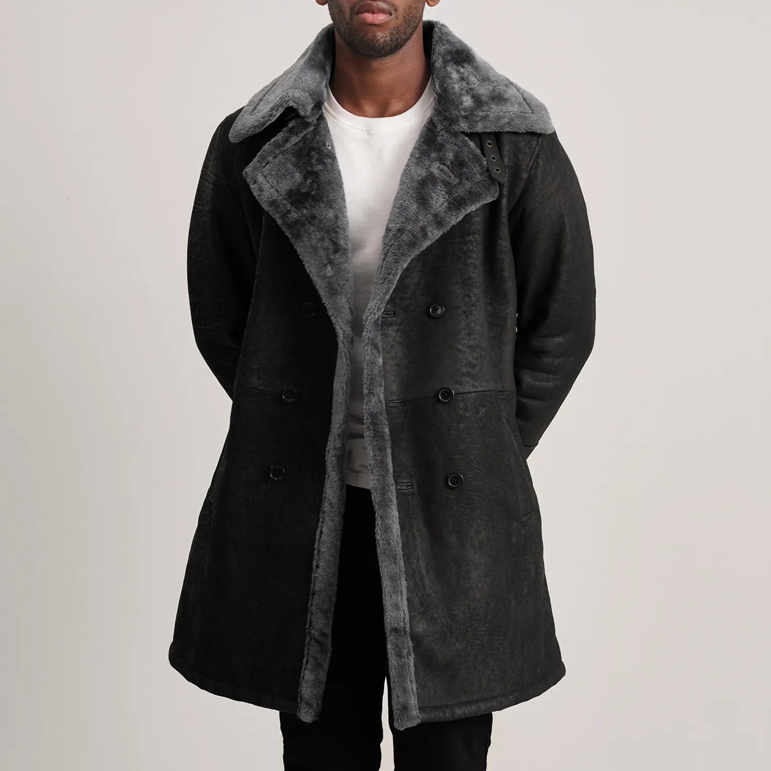 Charles Distressed Black Leather Shearling Double-Breasted Coat by Dash Racegear - men Jacket view 1