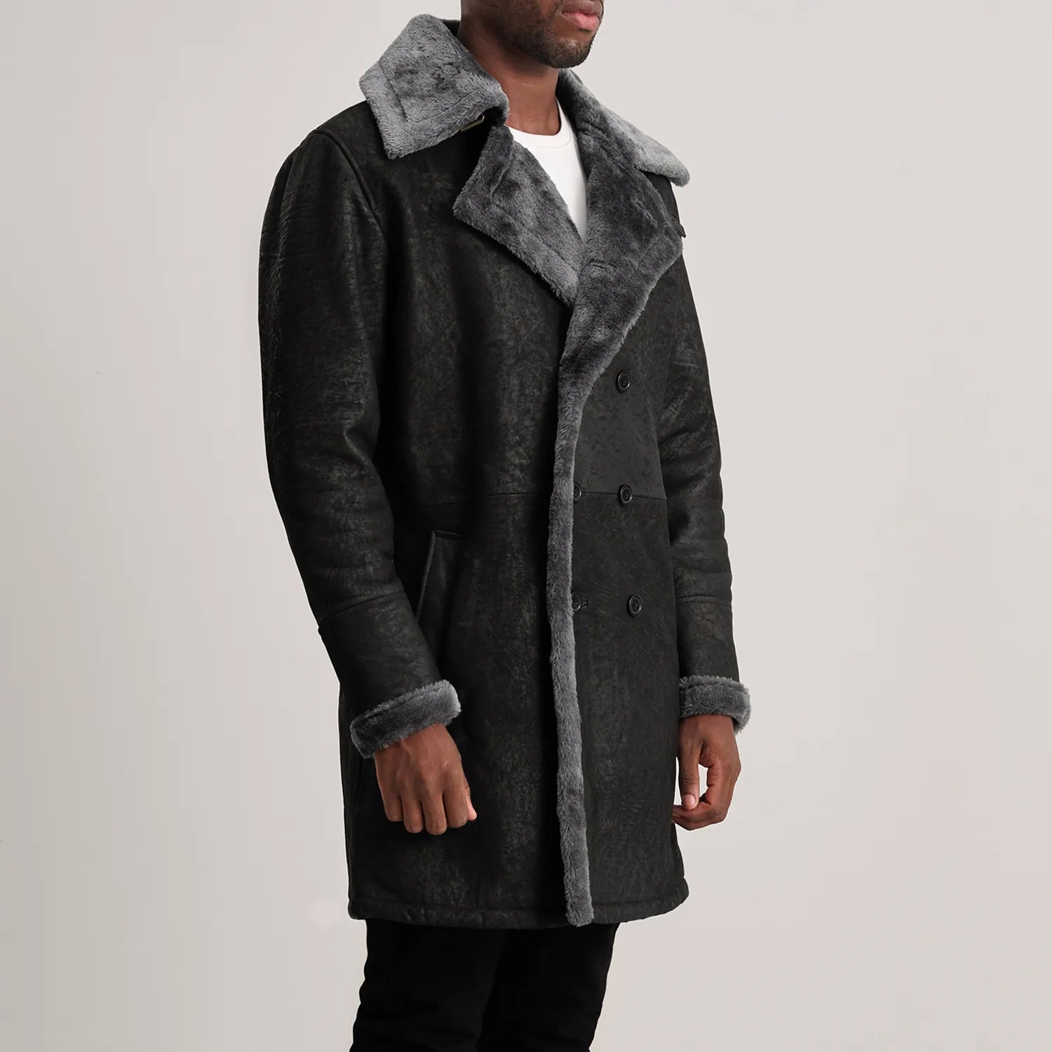 Charles Distressed Black Leather Shearling Double-Breasted Coat by Dash Racegear - men Jacket view 2
