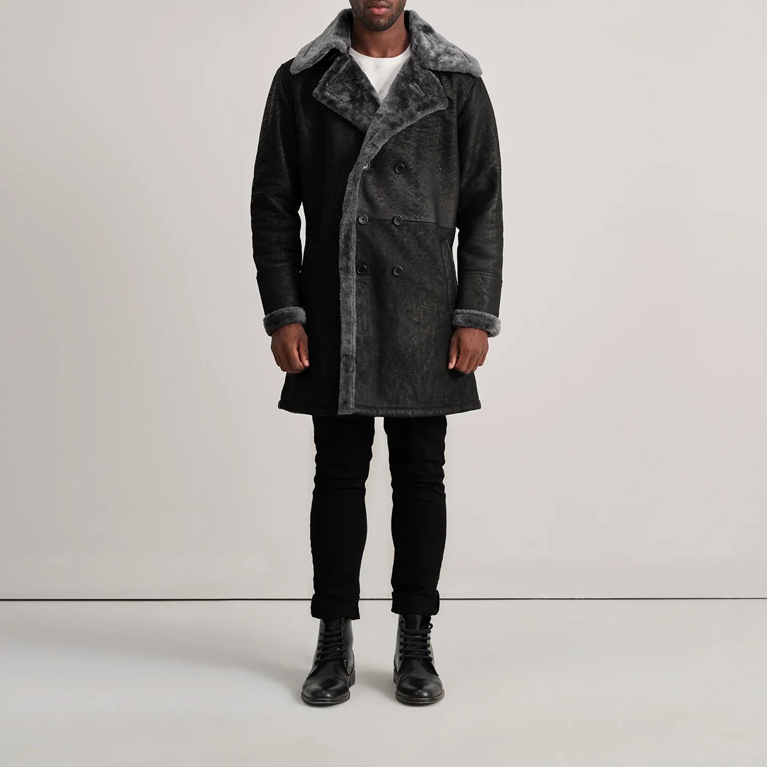 Charles Distressed Black Leather Shearling Double-Breasted Coat by Dash Racegear - men Jacket view 3