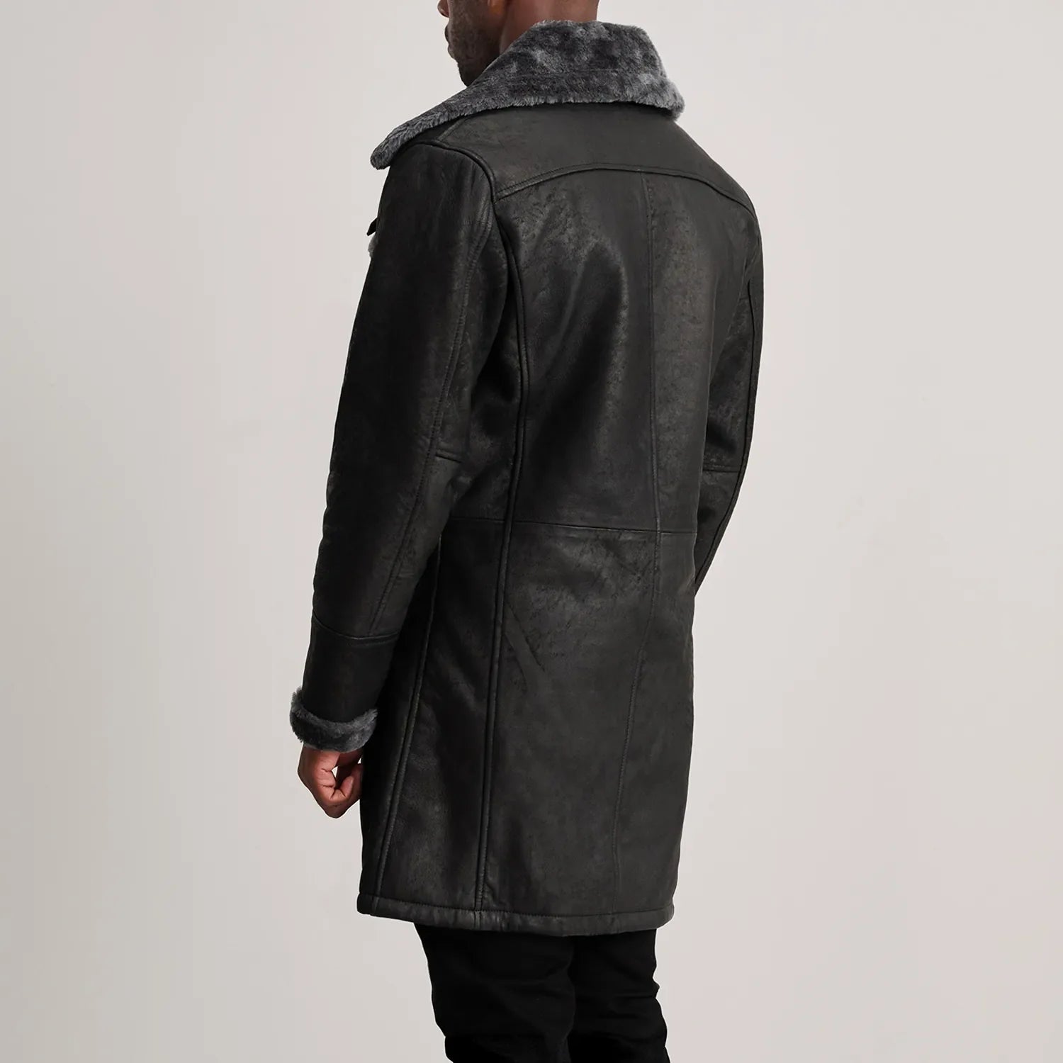 Charles Distressed Black Leather Shearling Double-Breasted Coat by Dash Racegear - men Jacket view 5