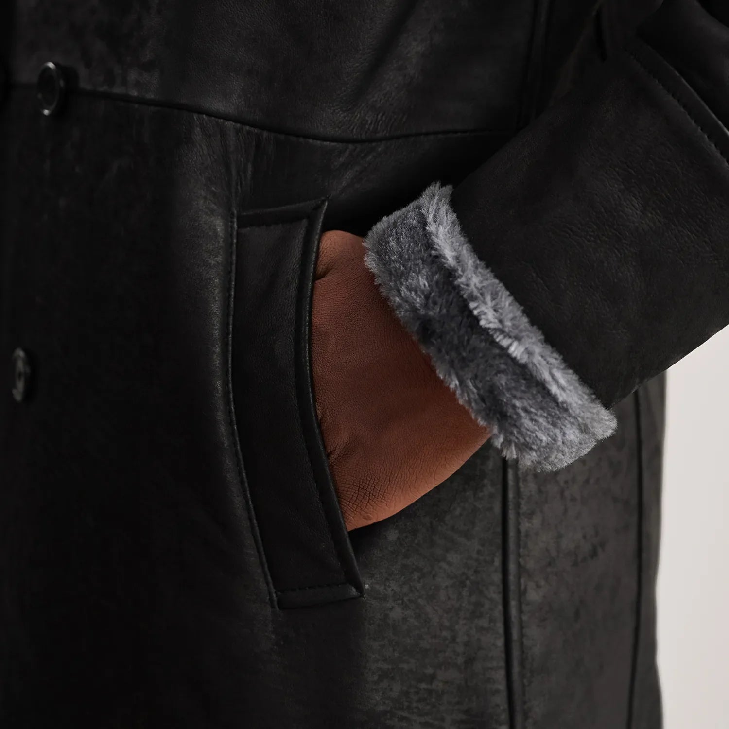 Charles Distressed Black Leather Shearling Double-Breasted Coat by Dash Racegear - men Jacket view 6