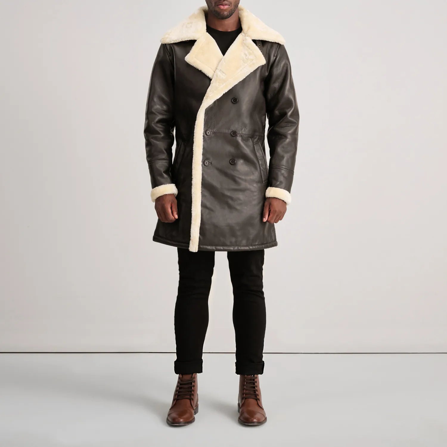 Charles Brown Leather Shearling Double-Breasted Coat by Dash Racegear - men Jacket view 3