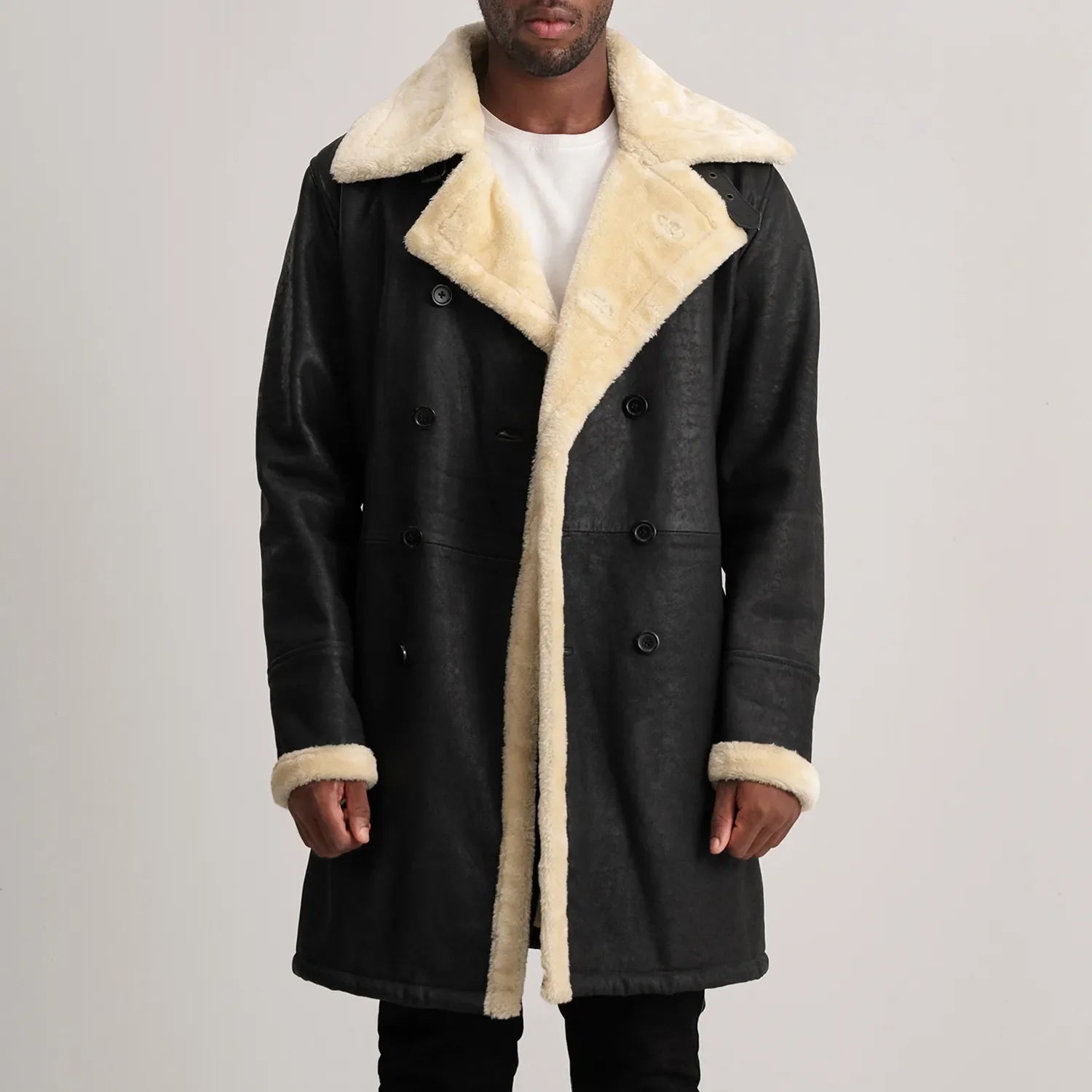 Charles Tumbled Black Leather Shearling Double-Breasted Coat by Dash Racegear - men Jacket view 1