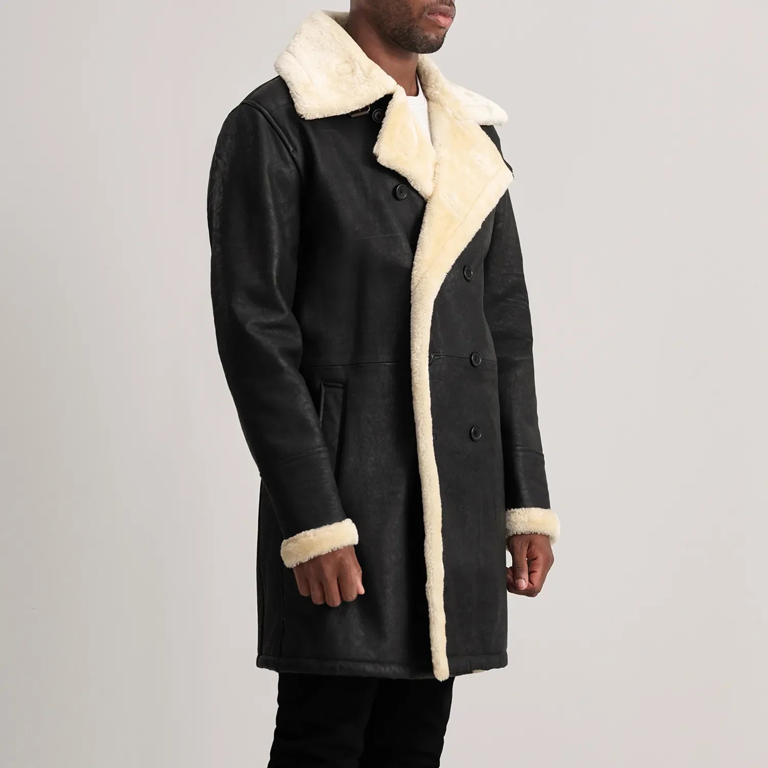 Charles Tumbled Black Leather Shearling Double-Breasted Coat by Dash Racegear - men Jacket view 2