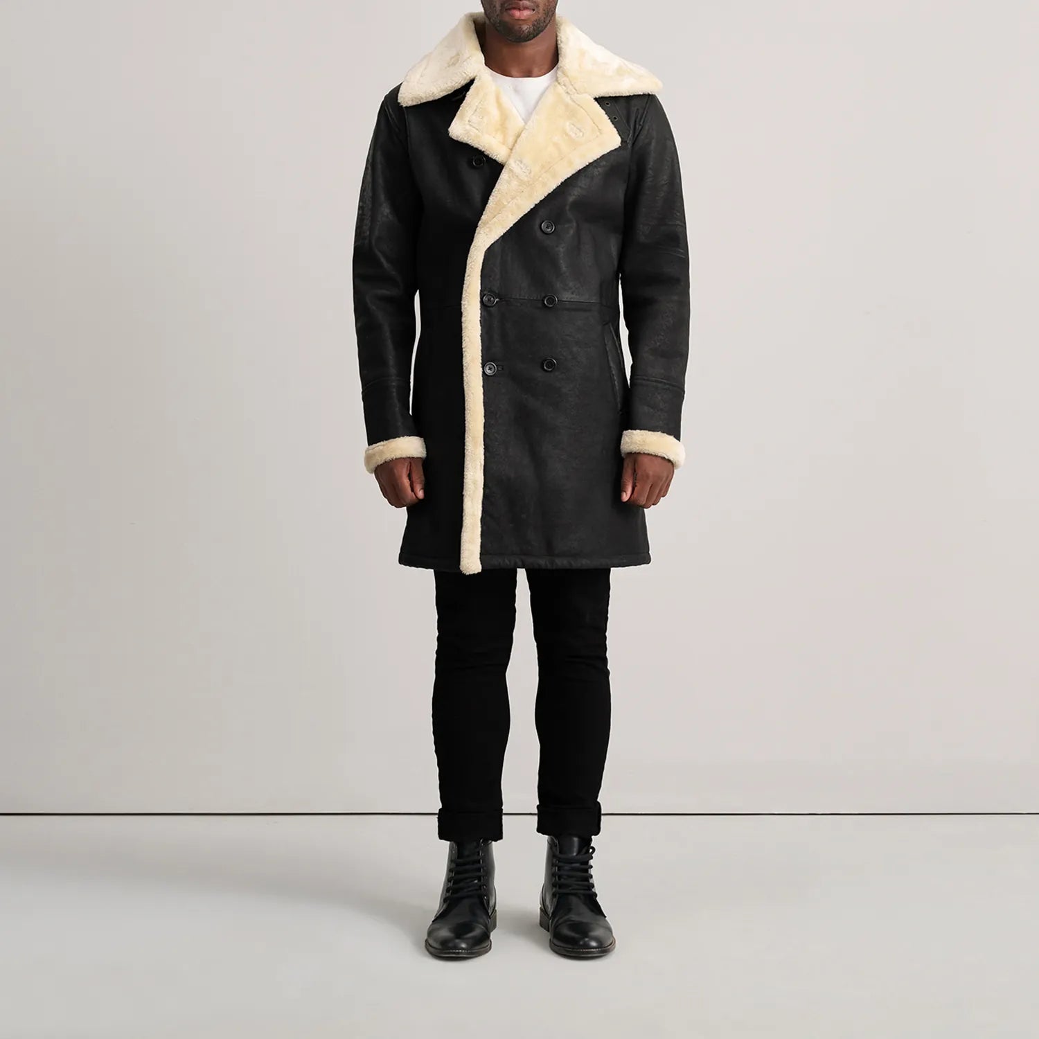 Charles Tumbled Black Leather Shearling Double-Breasted Coat by Dash Racegear - men Jacket view 3