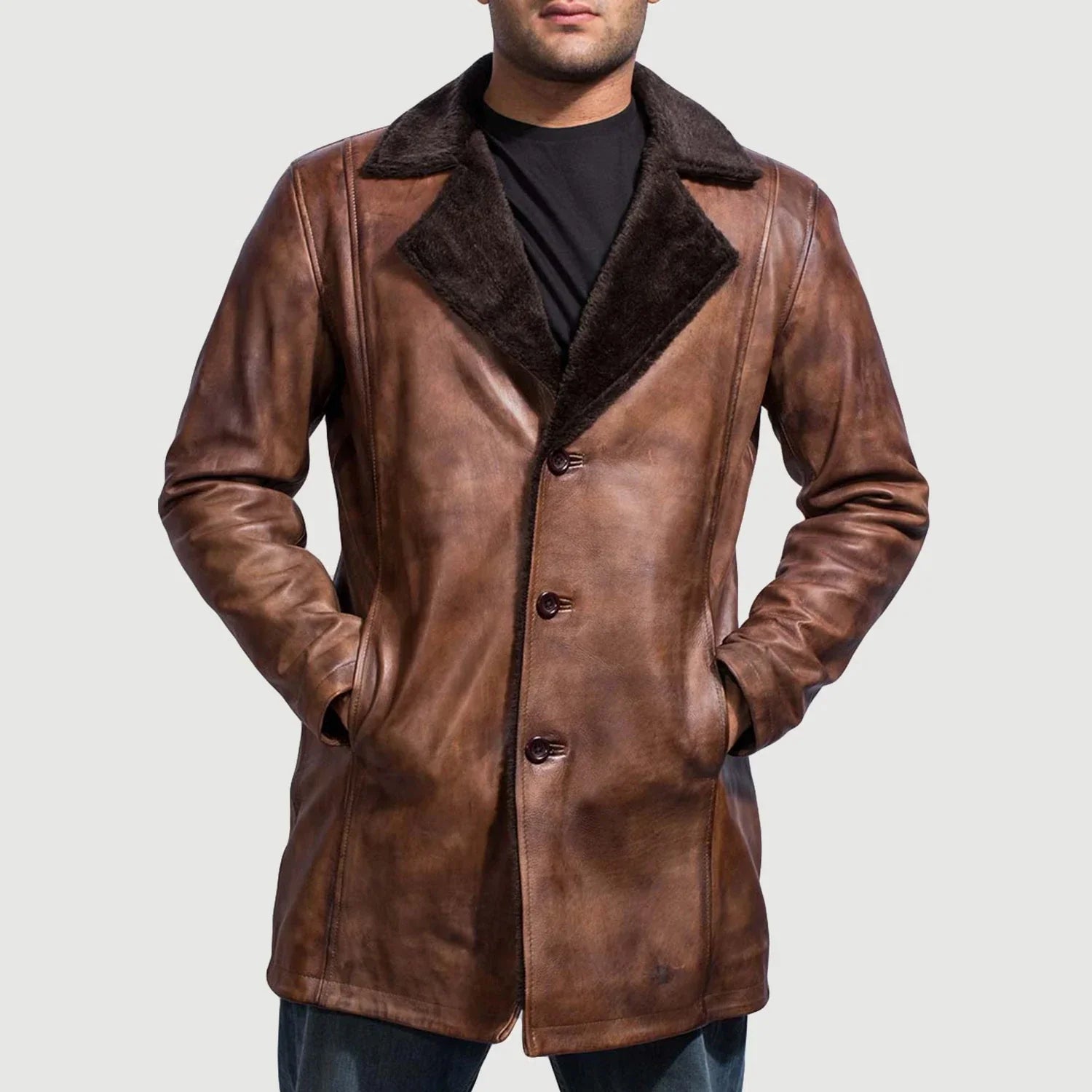 Cinnamon Distressed Leather Fur Coat by Dash Racegear - men Jacket view 3