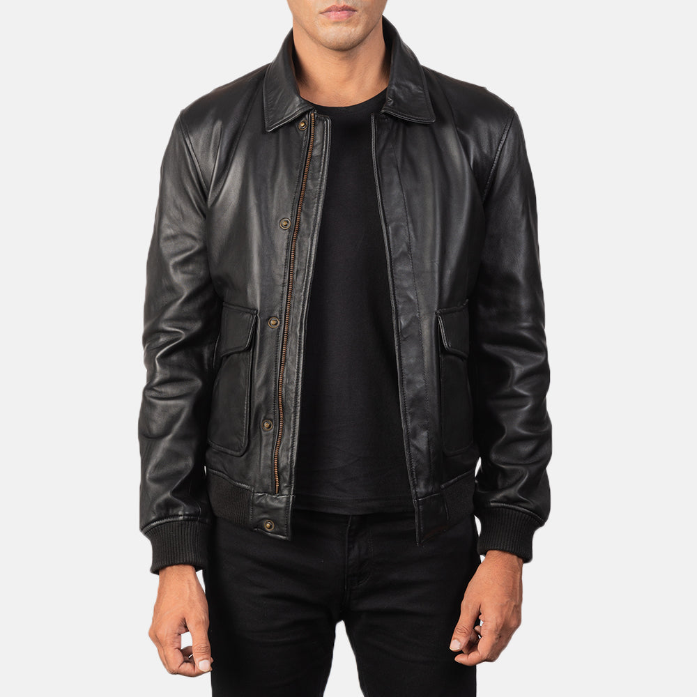 Coffmen Black A2 Leather Bomber Jacket by Dash Racegear - men Jacket view 1