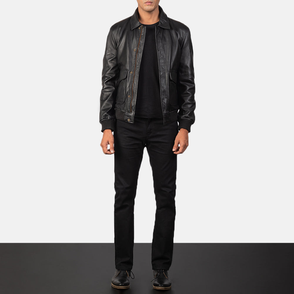 Coffmen Black A2 Leather Bomber Jacket by Dash Racegear - men Jacket view 3