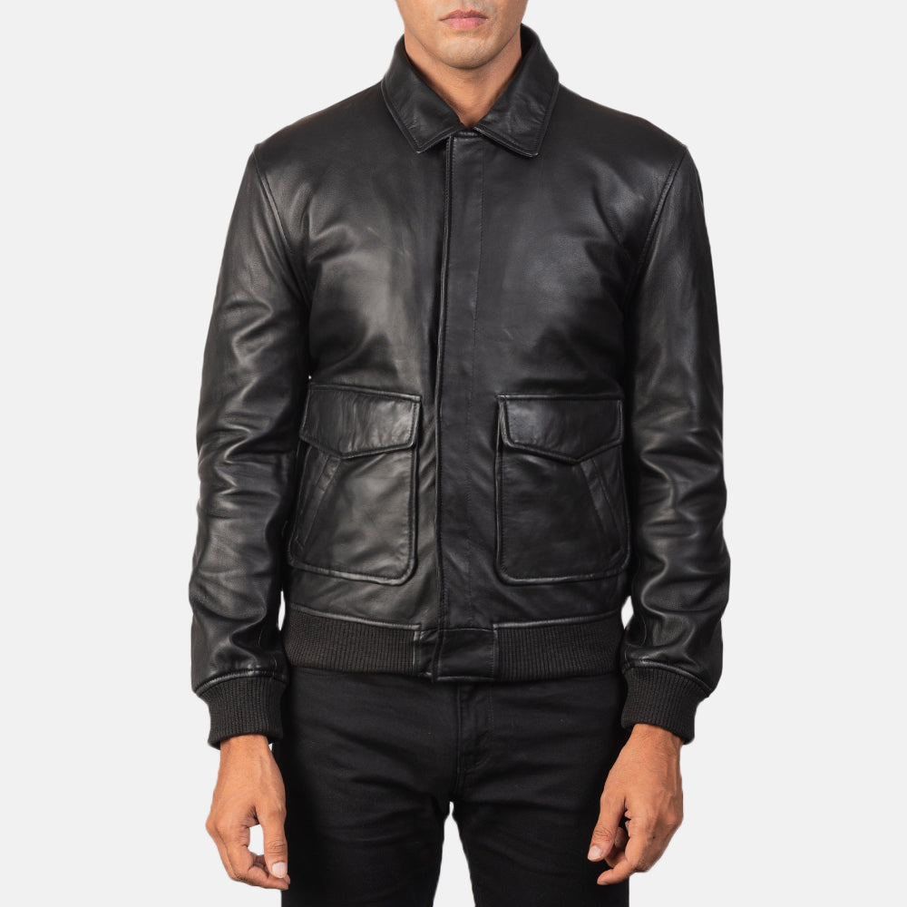 Coffmen Black A2 Leather Bomber Jacket by Dash Racegear - men Jacket view 4