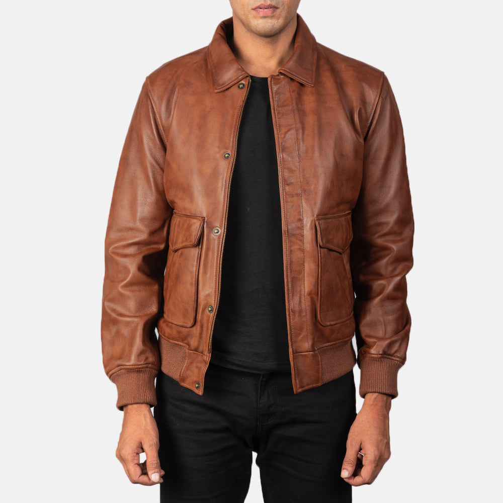 Coffmen Brown A2 Leather Bomber Jacket by Dash Racegear - men Jacket view 1