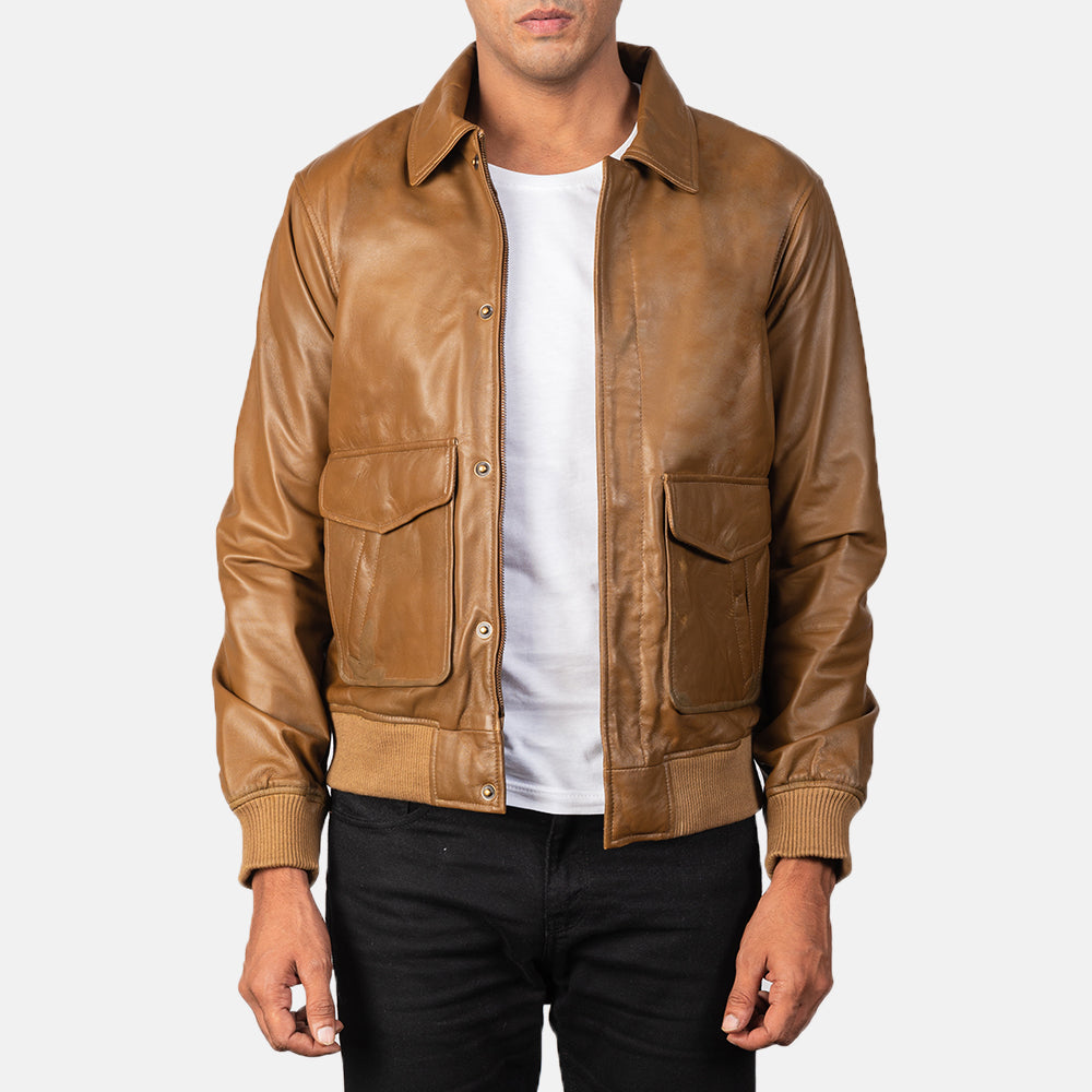 Coffmen Olive Brown A2 Leather Bomber Jacket by Dash Racegear - men Jacket view 1