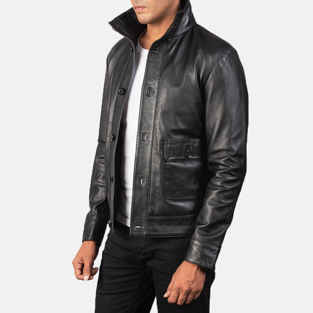 Columbus Black Leather Bomber Jacket by Dash Racegear - men Jacket view 2