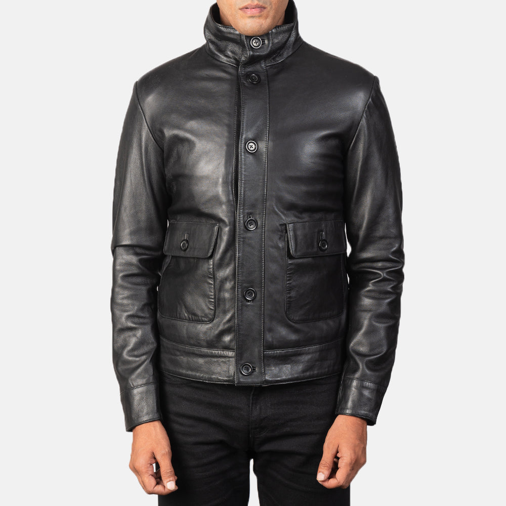Columbus Black Leather Bomber Jacket by Dash Racegear - men Jacket view 3