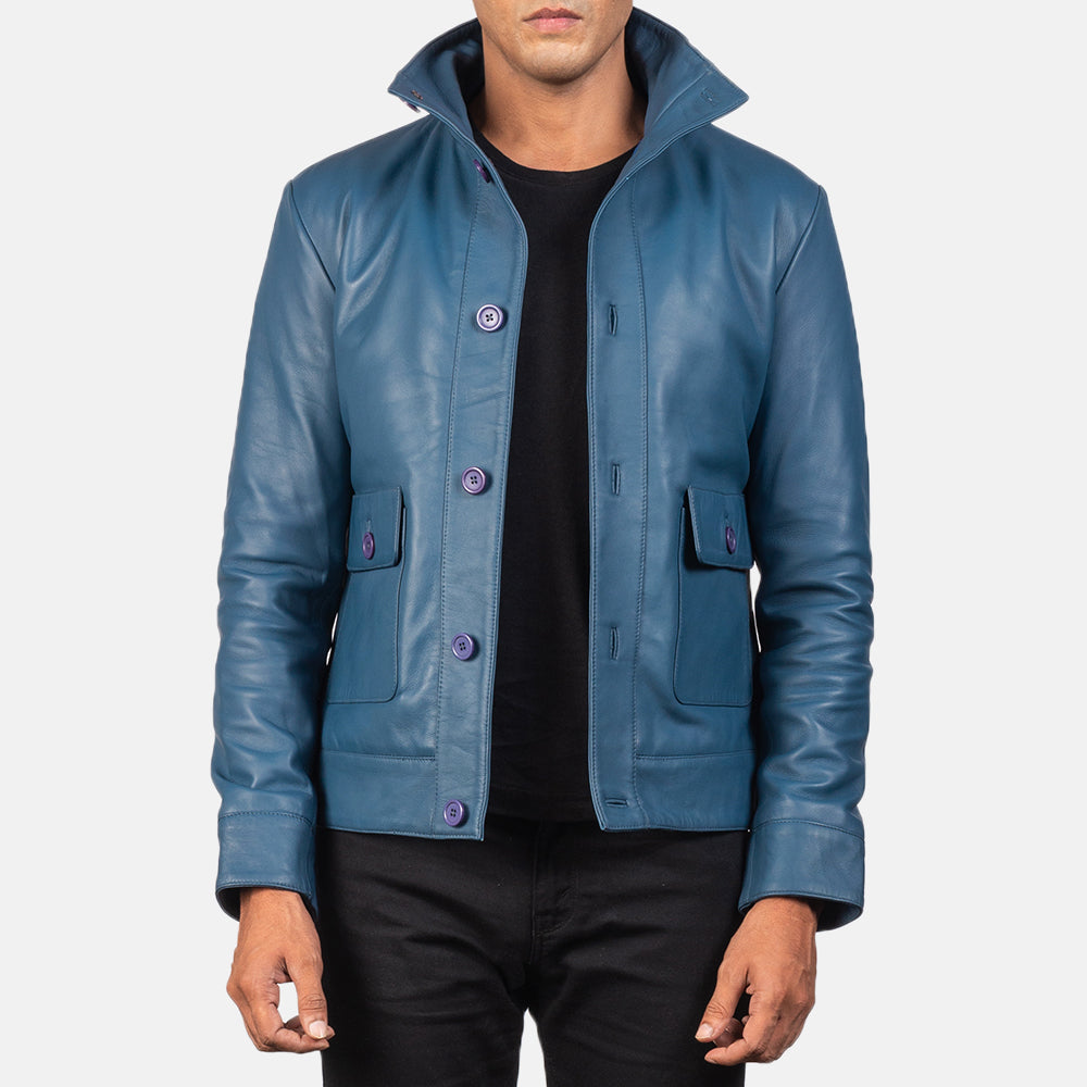 Columbus Blue Leather Bomber Jacket by Dash Racegear - men Jacket view 1