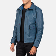 Columbus Blue Leather Bomber Jacket by Dash Racegear - men Jacket view 2
