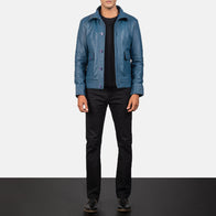 Columbus Blue Leather Bomber Jacket by Dash Racegear - men Jacket view 3