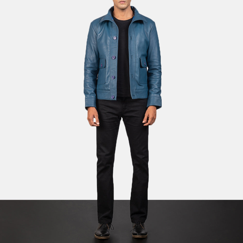 Columbus Blue Leather Bomber Jacket by Dash Racegear - men Jacket view 3
