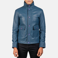 Columbus Blue Leather Bomber Jacket by Dash Racegear - men Jacket view 4