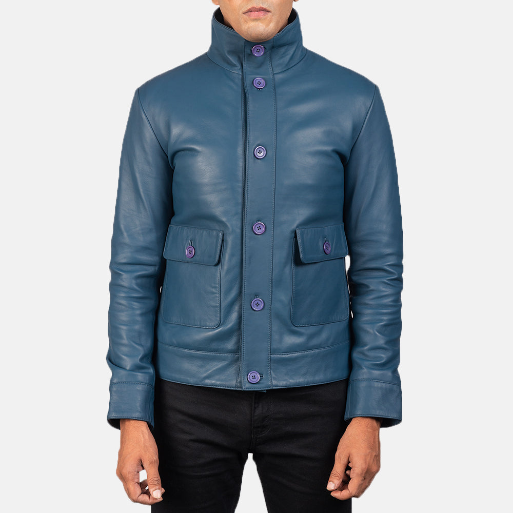 Columbus Blue Leather Bomber Jacket by Dash Racegear - men Jacket view 4