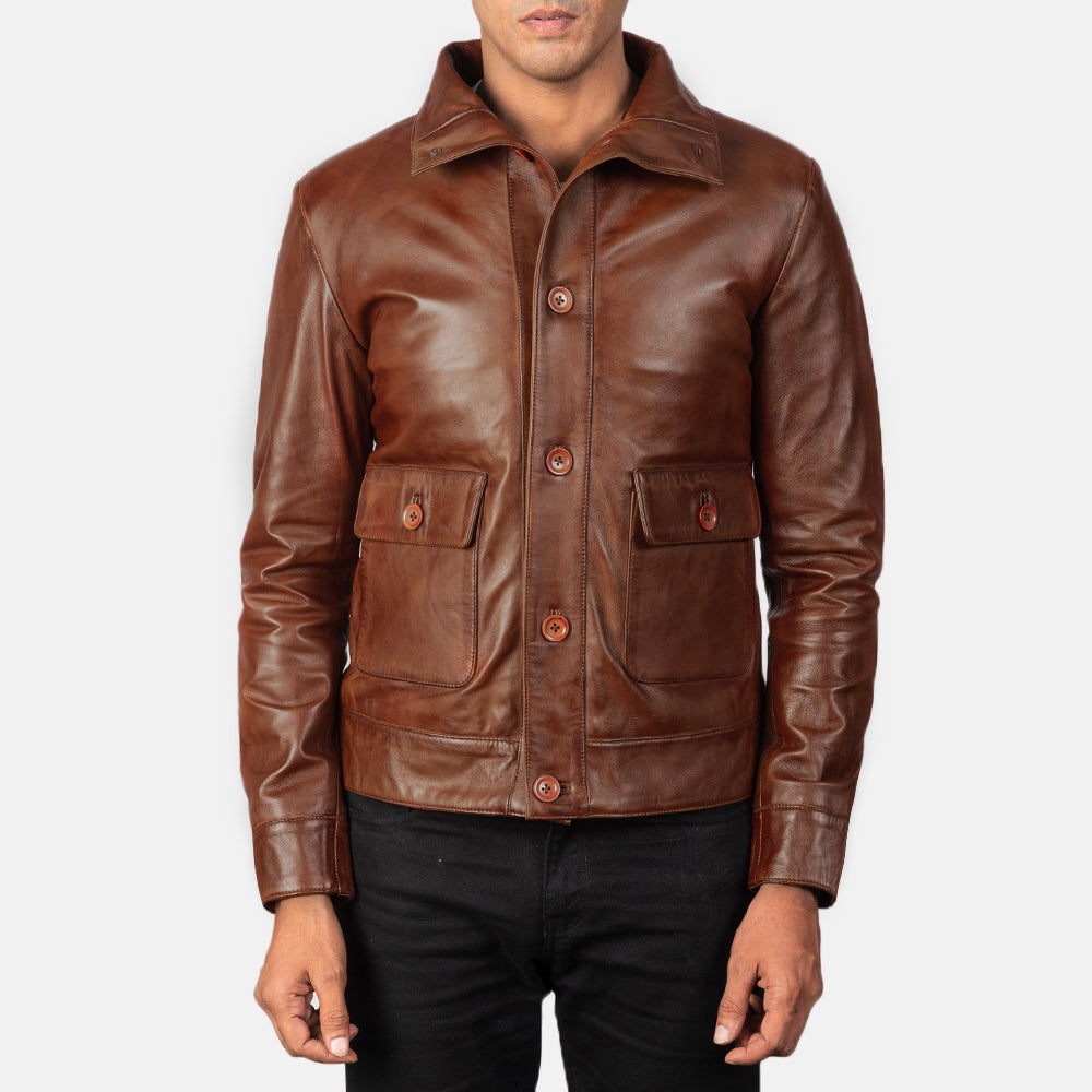 Columbus Brown Leather Bomber Jacket by Dash Racegear - men Jacket view 1