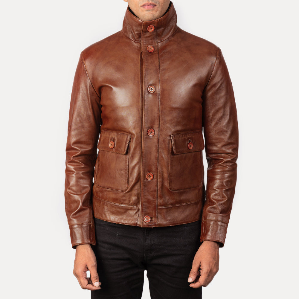 Columbus Brown Leather Bomber Jacket by Dash Racegear - men Jacket view 3