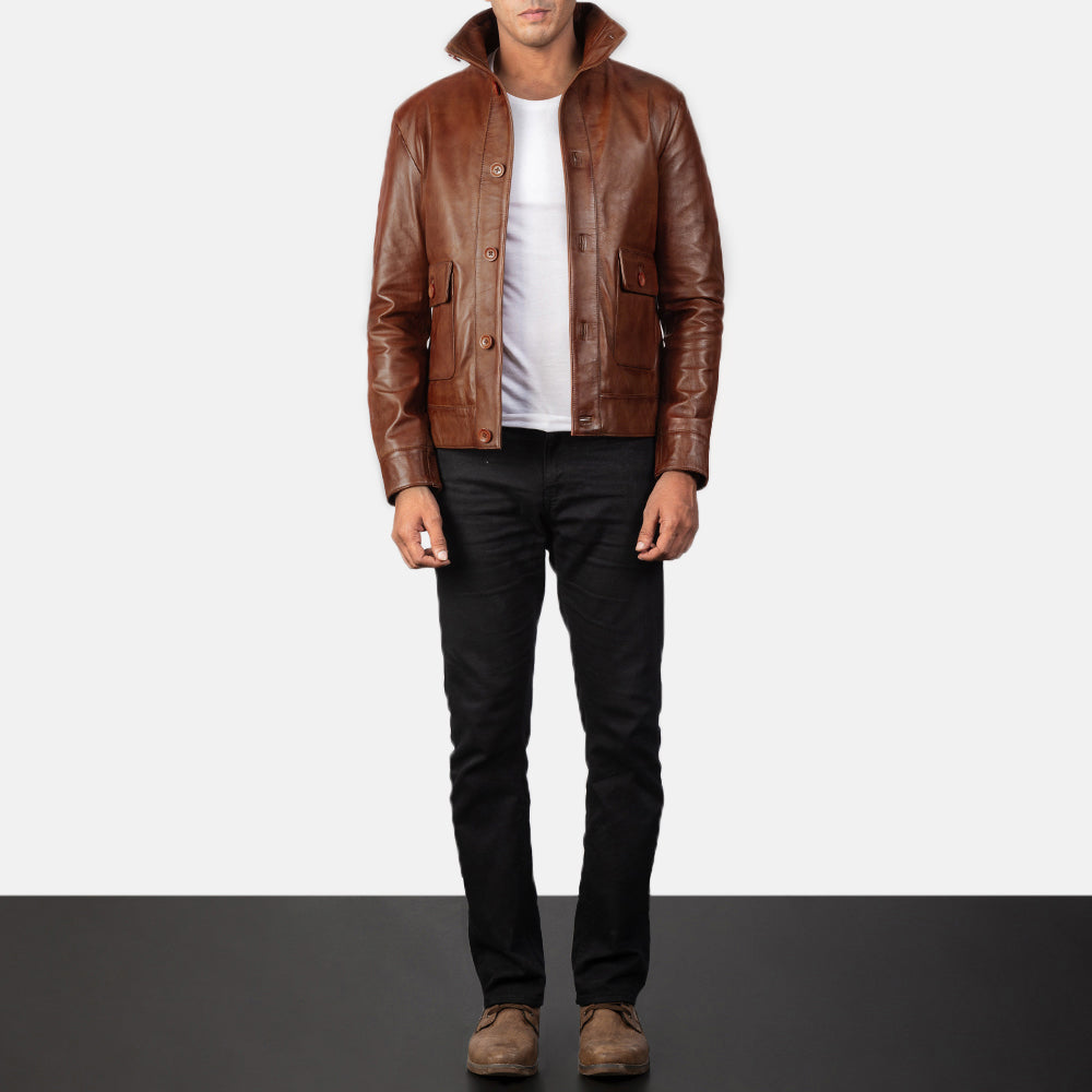 Columbus Brown Leather Bomber Jacket by Dash Racegear - men Jacket view 4
