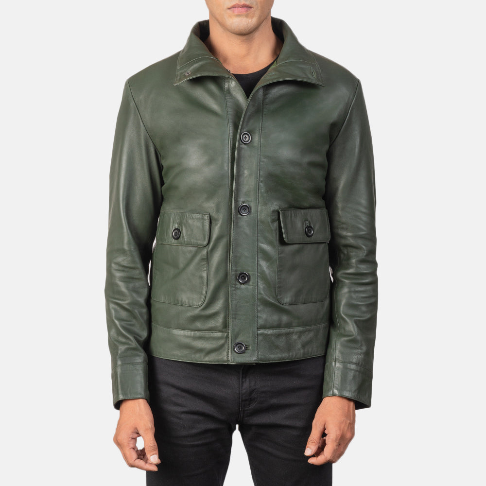 Columbus Green Leather Bomber Jacket by Dash Racegear - men Jacket view 1