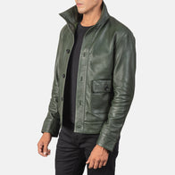 Columbus Green Leather Bomber Jacket by Dash Racegear - men Jacket view 2