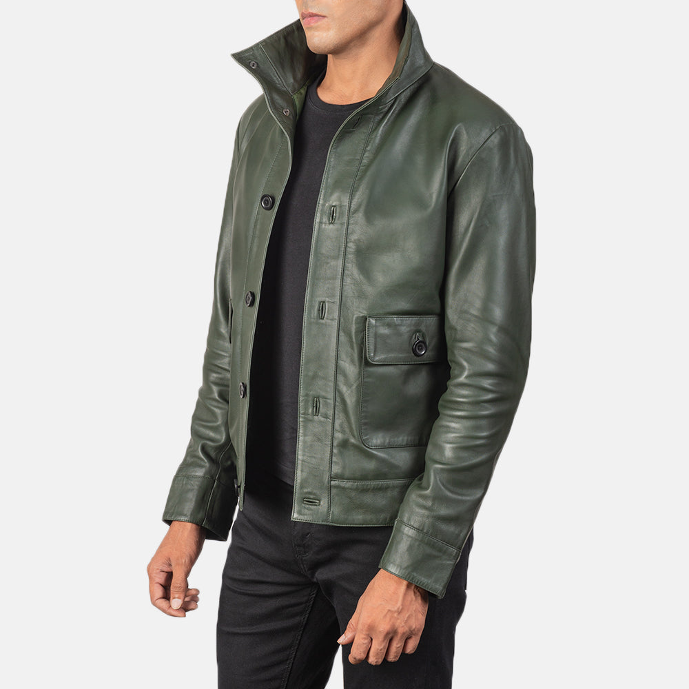 Columbus Green Leather Bomber Jacket by Dash Racegear - men Jacket view 2