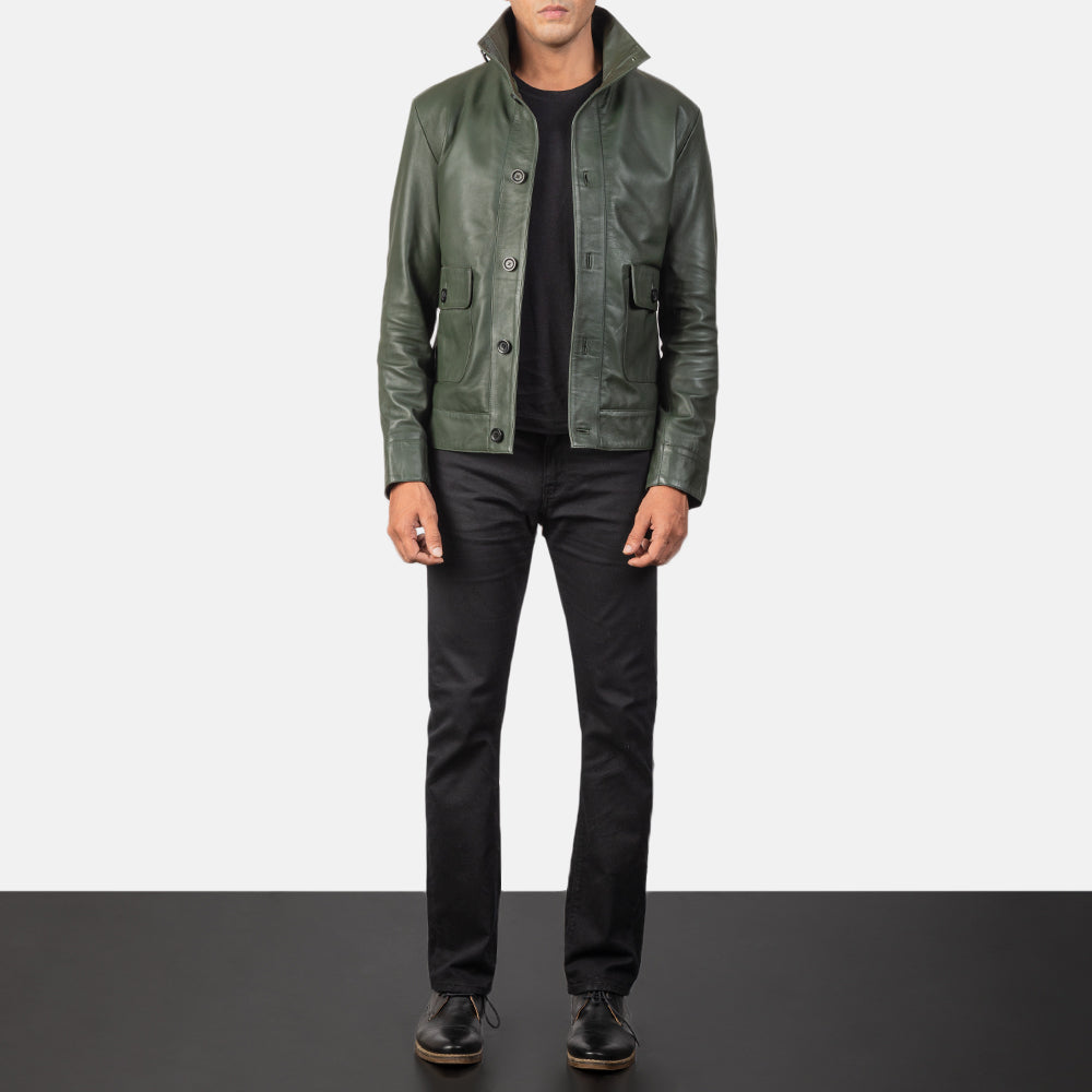 Columbus Green Leather Bomber Jacket by Dash Racegear - men Jacket view 3