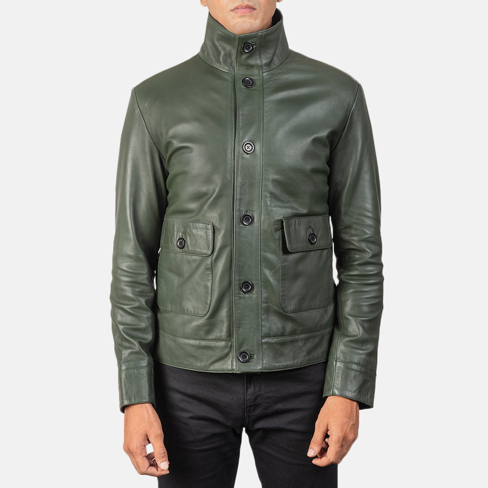 Columbus Green Leather Bomber Jacket by Dash Racegear - men Jacket view 4