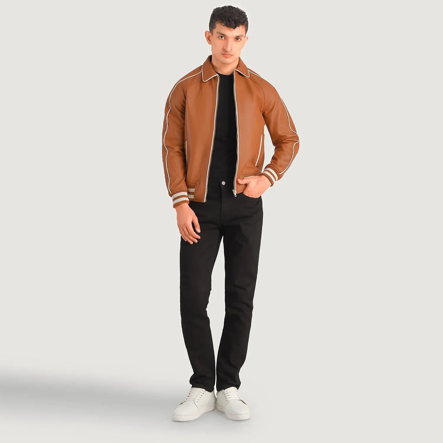Cooper Tan Brown Leather Varsity Jacket by Dash Racegear - men Jacket view 1