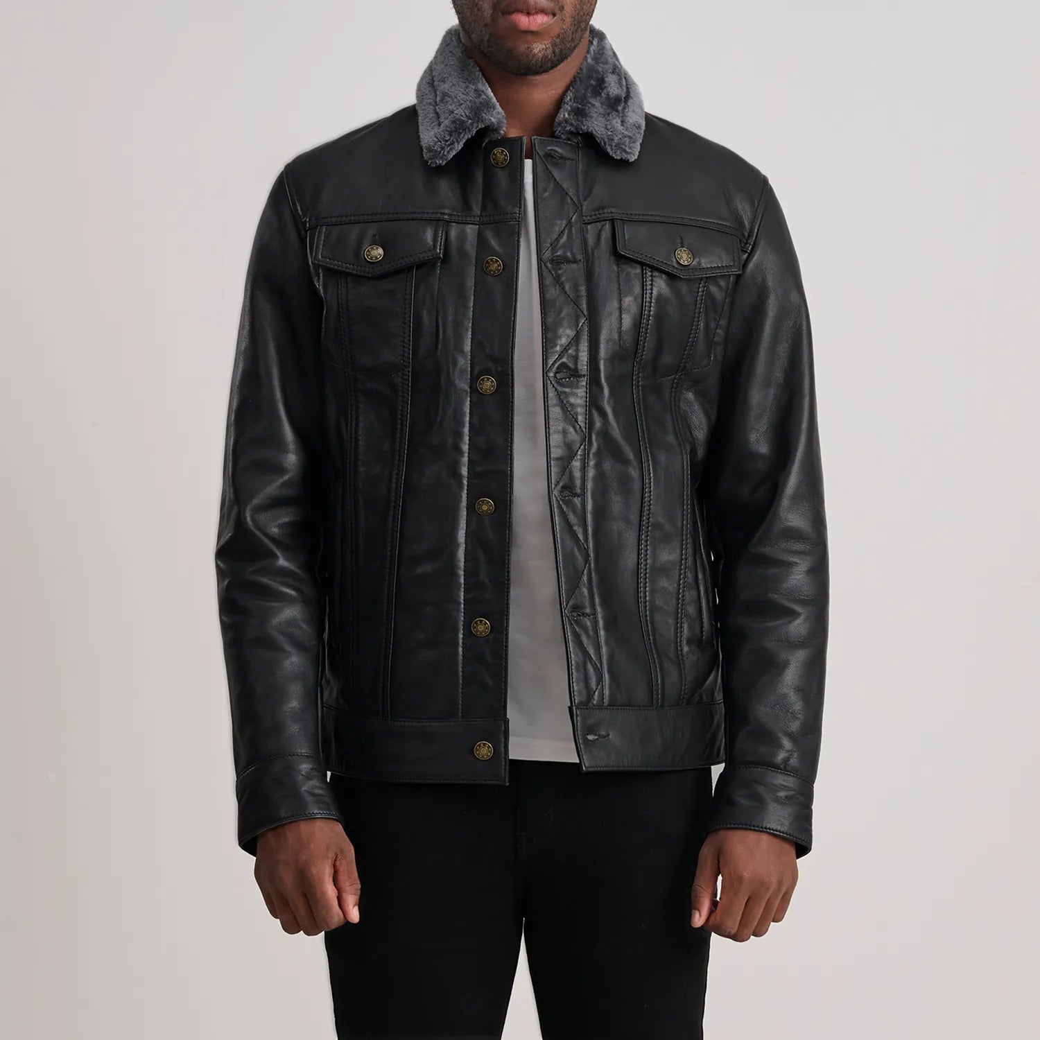 Dallis Black Leather Shearling Trucker Jacket by Dash Racegear - men Jacket view 1
