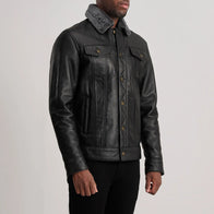 Dallis Black Leather Shearling Trucker Jacket by Dash Racegear - men Jacket view 2