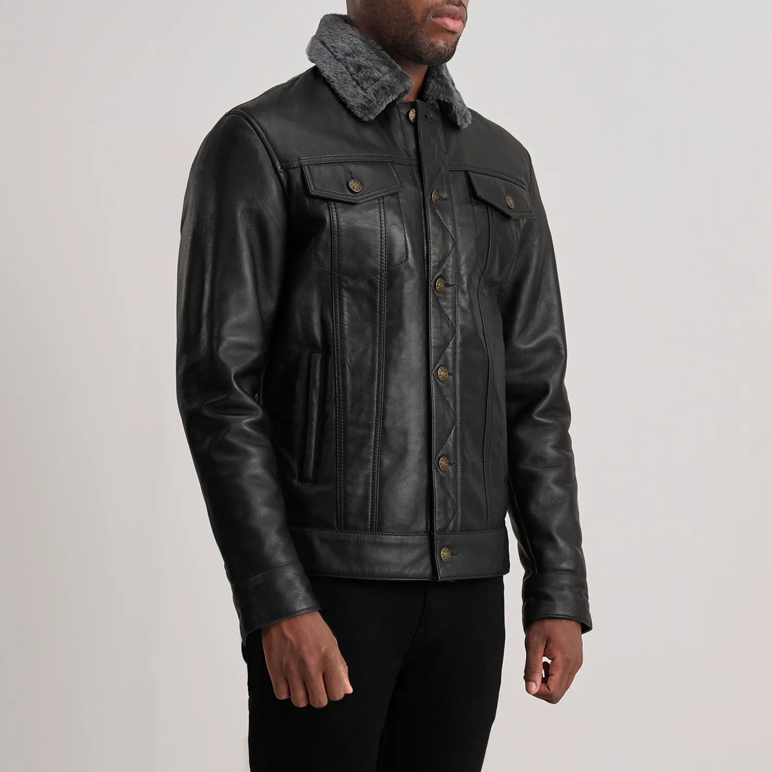 Dallis Black Leather Shearling Trucker Jacket by Dash Racegear - men Jacket view 2