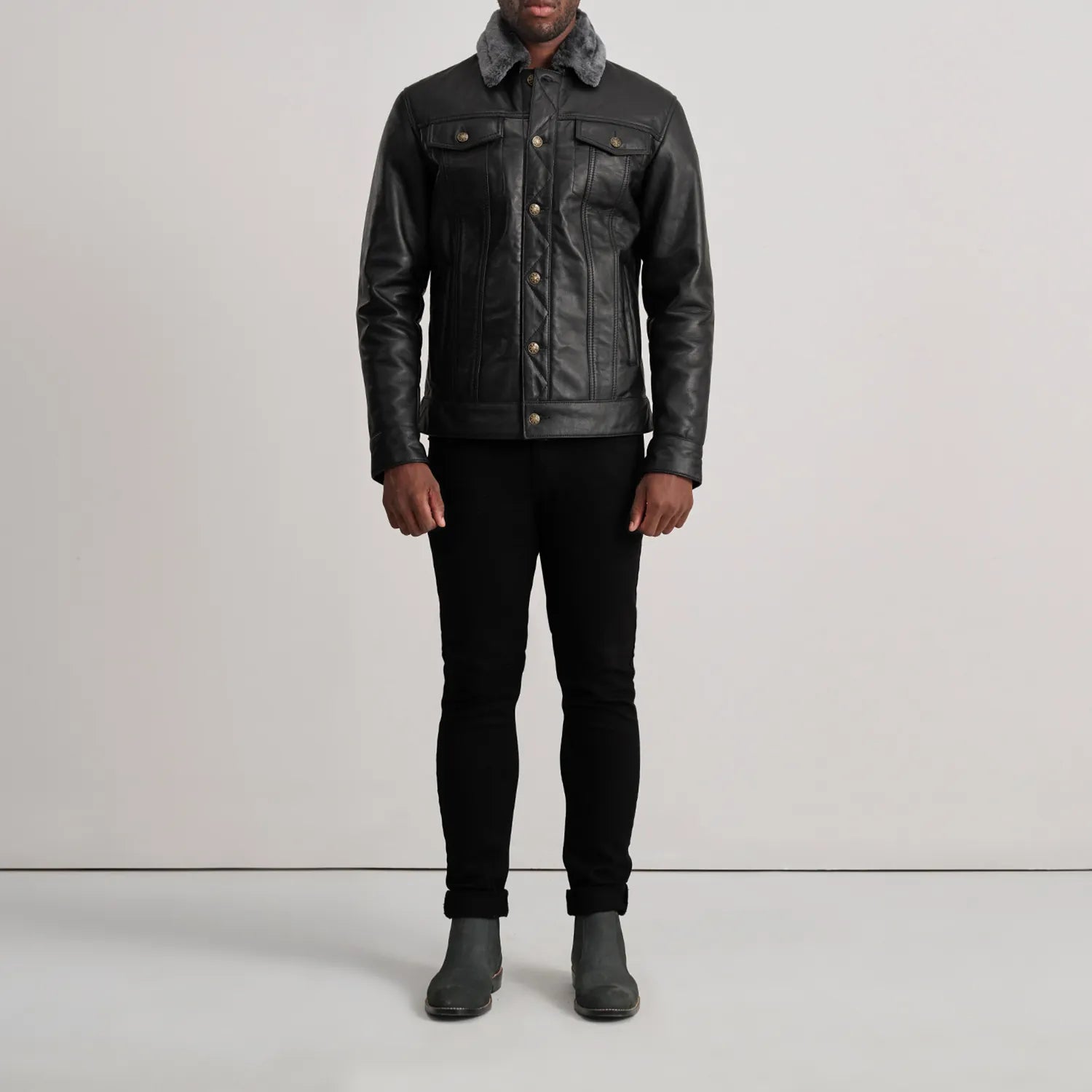 Dallis Black Leather Shearling Trucker Jacket by Dash Racegear - men Jacket view 3