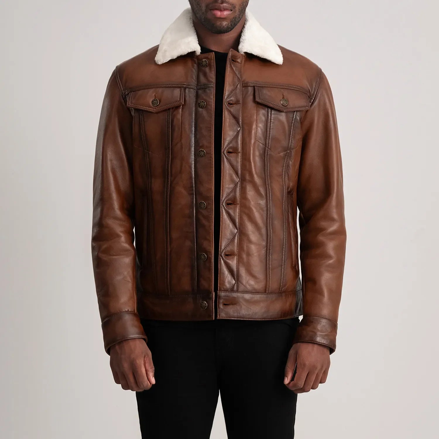 Dallis Brown Leather Shearling Trucker Jacket by Dash Racegear - men Jacket view 1