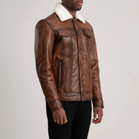 Dallis Brown Leather Shearling Trucker Jacket by Dash Racegear - men Jacket view 2