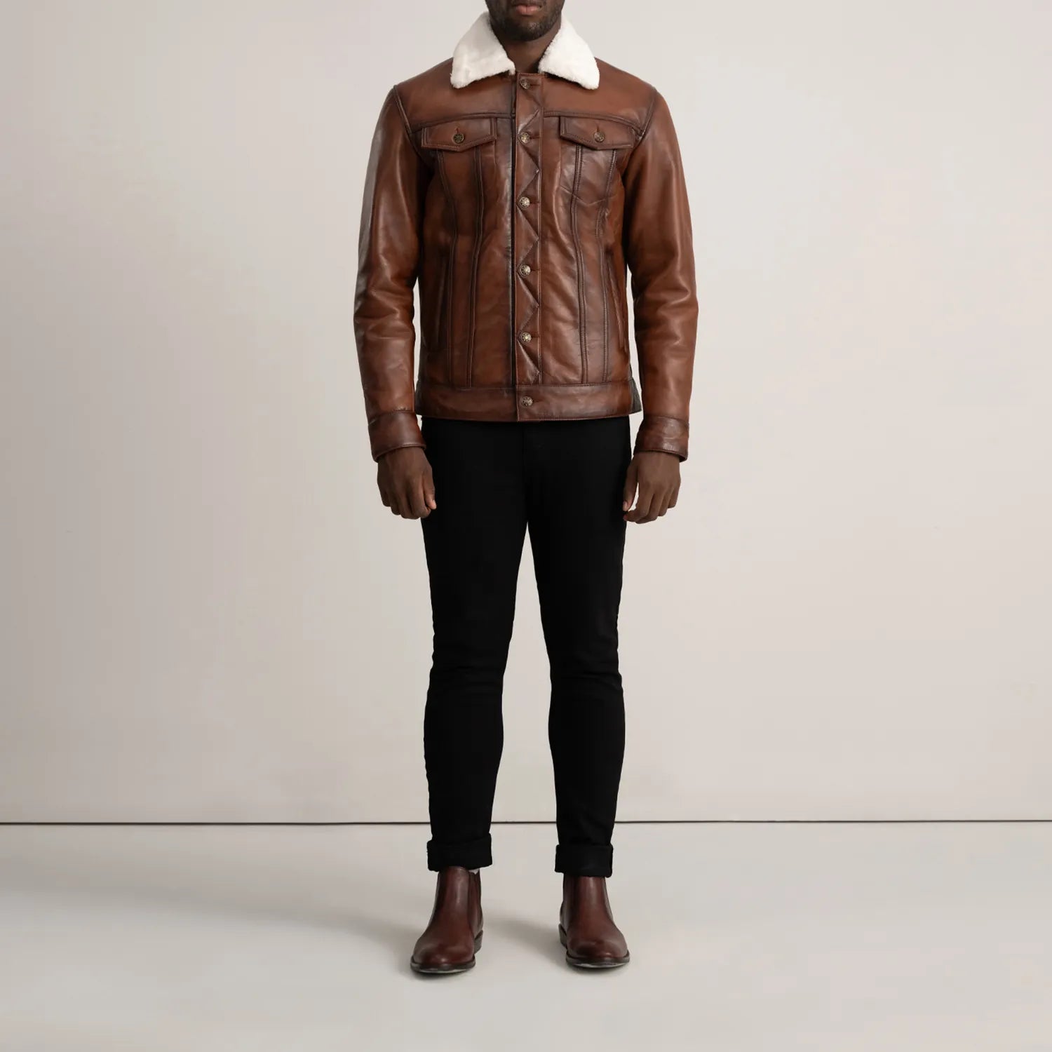 Dallis Brown Leather Shearling Trucker Jacket by Dash Racegear - men Jacket view 3